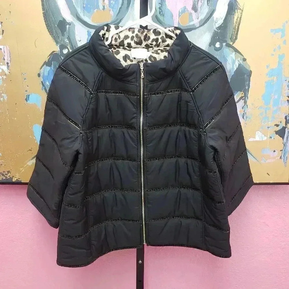 Chico's Reversible Puffer Jacket Black/Animal Print - Picture 1 of 6